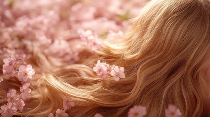 Naklejka premium Blonde hair flowing over pink blossoms.