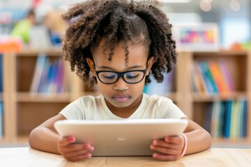 Young girl with glasses using tablet in library setting