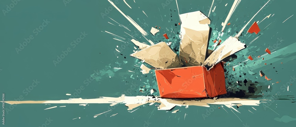 Wall mural Dynamic explosion of colorful objects from an opened cardboard box.
