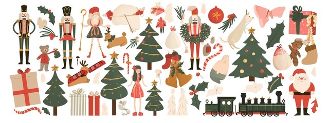 Christmas-Themed Stickers Set – Nutcrackers, Presents, Santa, Toy Trains, Gummy Bears, Candy Canes, Trees & Garlands – Cute Illustrations in Flat Design with Ribbons and Bright Colors