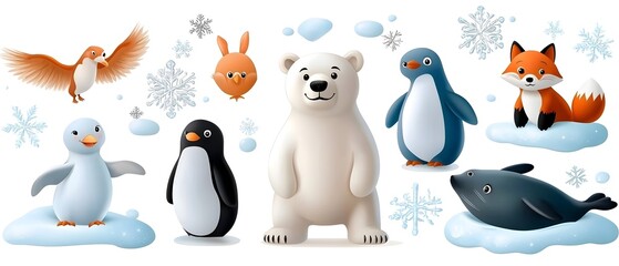 Obraz premium Adorable cartoon set featuring cute arctic animals such as polar bear penguin arctic fox and seal surrounded by icy backgrounds snowy elements and winter landscape