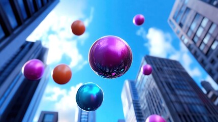 Colorful spheres floating in a cityscape against a clear blue sky.