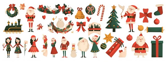 Christmas-Themed Stickers Set – Nutcrackers, Presents, Santa, Toy Trains, Gummy Bears, Candy Canes, Trees & Garlands – Cute Illustrations in Flat Design with Ribbons and Bright Colors