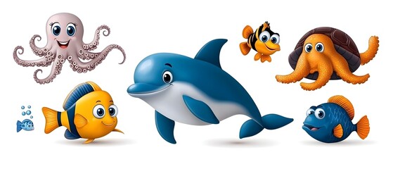 Cheerful Underwater Cartoon Animals Collection features a happy dolphin octopus sea turtle and vibrant colorful fish swimming in a coral reef environment