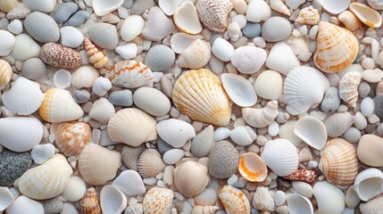 Fototapeta premium A dense array of seashells and smooth pebbles scattered across the frame, completely covering the background in soft pastel and neutral beach tones.