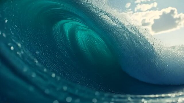 Perfect blue ocean wave breaks on the shore in the Bali. Honeymoon surfing spot near the island of Himmafushi