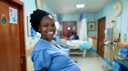Balancing healthcare duties with pregnancy. Care and resilience concept. African-American pregnant doctor or nurse in medical uniform in a hospital setting, showcasing dedication and maternal strengt