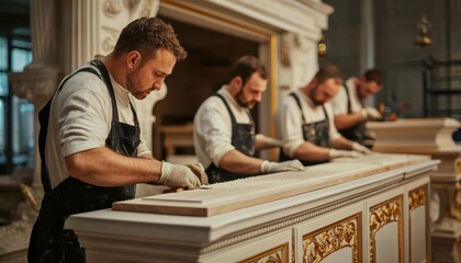 Fototapeta premium Carpenters creating custom furniture with gold inlays for an elegant dining room, soft lighting from a grand chandelier, classical European style, rich colors, photo-realistic