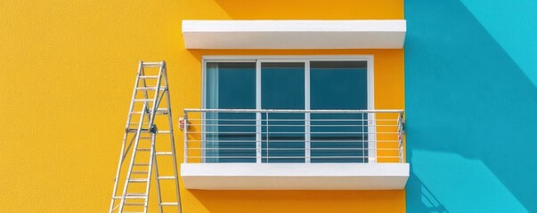 Fototapeta premium Painters decorating exterior walls of house, fresh paint and ladders, 3D illustrationcloses up