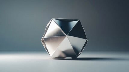 A 3D dodecahedron rendered in a metallic silver finish, with soft lighting on a neutral gray background.