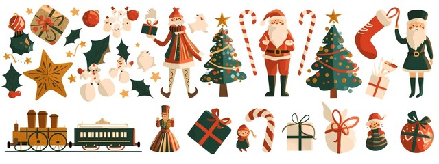 Naklejka premium Christmas-Themed Stickers Set – Nutcrackers, Presents, Santa, Toy Trains, Gummy Bears, Candy Canes, Trees & Garlands – Cute Illustrations in Flat Design with Ribbons and Bright Colors