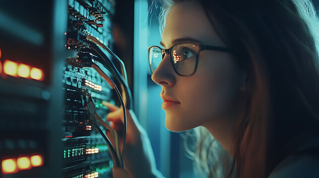 Close-up of a female IT technician plugging cables into a server while monitoring connections in a data center  - Powered by Adobe