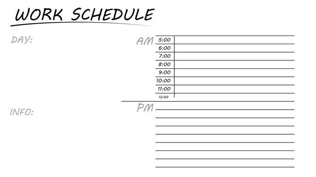 work schedule with rows and american time from 5 am to 8pm. For business or trip planing