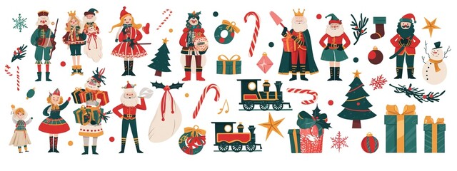 Christmas-Themed Stickers Set &ndash; Nutcrackers, Presents, Santa, Toy Trains, Gummy Bears, Candy Canes, Trees & Garlands &ndash; Cute Illustrations in Flat Design with Ribbons and Bright Colors