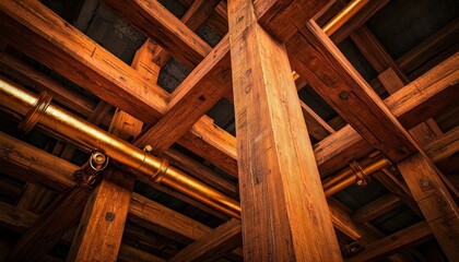 A beautifully crafted wooden house under construction with a steampunk twist, brass pipes and gears intertwined with wooden beams, dark shadows, concept art.closes up