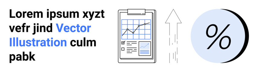 Business growth chart on clipboard, upward arrow, and percentage symbol. Ideal for finance, business analytics, marketing, performance tracking, economic reports, investment strategies, data