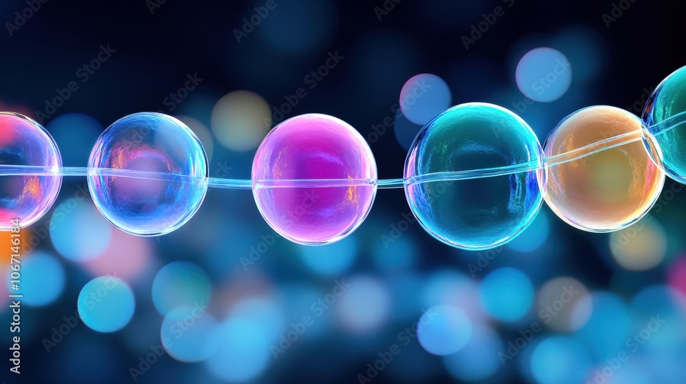 Wall mural colorful, translucent bubbles connected by a thin string against a soft background.
