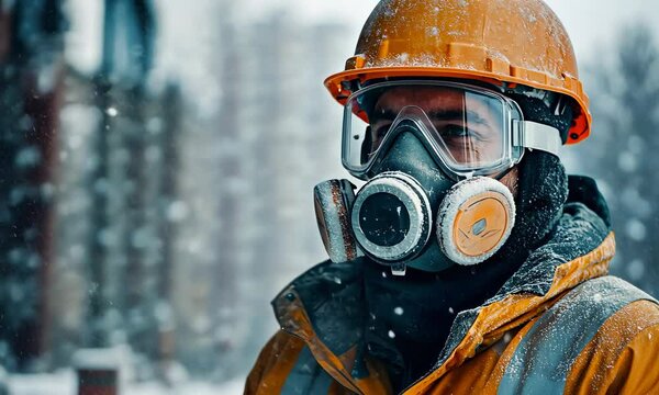 Professional construction worker wearing a high-grade dust mask, surrounded by lot of floating particles