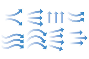 Air flow. Set of blue arrows showing direction of air movement. Wind direction arrows. Blue cold fresh stream from the conditioner. Vector illustration isolated on white background