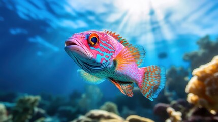 Fototapeta premium Colorful marine fish swimming gracefully in a vibrant coral reef.