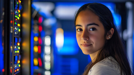 Female network administrator with a serious expression, analyzing data on dual monitors in a high-tech server environment 