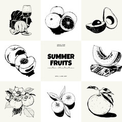 Abstract fruits vector black ink . Modern trendyи minimal style. Exotic Healthy Food. Hand drawn design for wallpaper, wall decor, print, postcard, cover, template, banner.