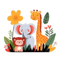 Vibrant and colorful cartoon featuring a collection of playful jungle animals including a happy lion  elephant  giraffe  and monkey in a lush tropical forest habitat