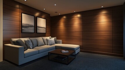 Carpenters designing a built-in home theater system with dark wood panels and soft recessed lighting, sleek modern luxury, rich textures, high detail, 3D rendering.