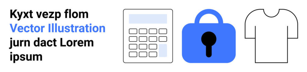 Calculator, blue lock, and white t-shirt as visual components for business, security, and apparel themes. Ideal for website graphics, app icons, infographics, presentations, educational materials