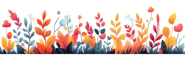 Fototapeta premium Colorful floral border with various leaves and flowers, white isolate background.