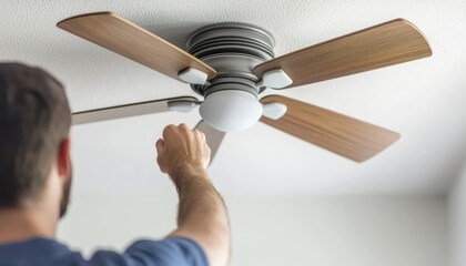 Electrician installing a new ceiling fan, living room setting, 3D illustrationcloses up