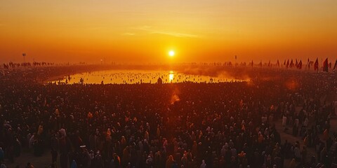 Obraz premium Sunrise over a Vast Gathering at a Religious Festival
