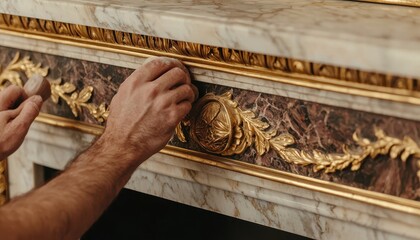 Craftsmen polishing a built-in wooden fireplace mantel, adorned with gold inlays and marble...