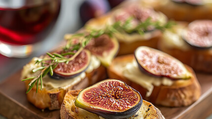 Close-up of Figs and Brie Crostini on a wooden board with wine.