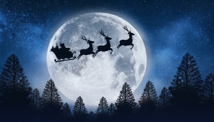 A silhouette of reindeer flying with Santa Claus in a sleigh against a full moon and starry sky over a forest of pine trees