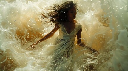 Fototapeta premium Woman in a White Dress Surrounded by Ocean Waves