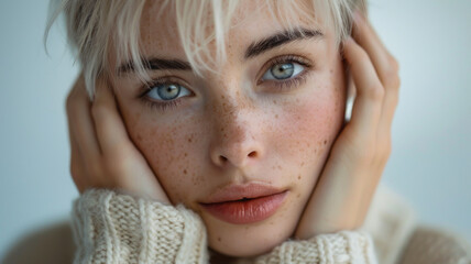 Close-up portrait of a young woman with striking blue eyes, freckles, and platinum blonde hair, hands framing her face, wrapped in a cozy knit sweater, radiating calm