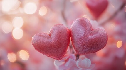 Obraz premium Two Red Velvet Hearts Touching on a Pink Flower Branch