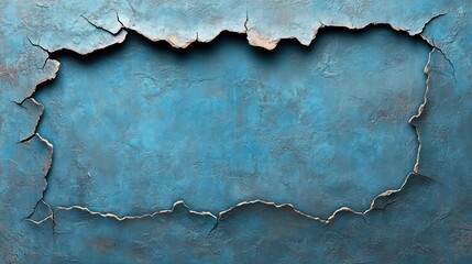 Blue painted wall with cracked and chipped paint revealing a blank space in the center.