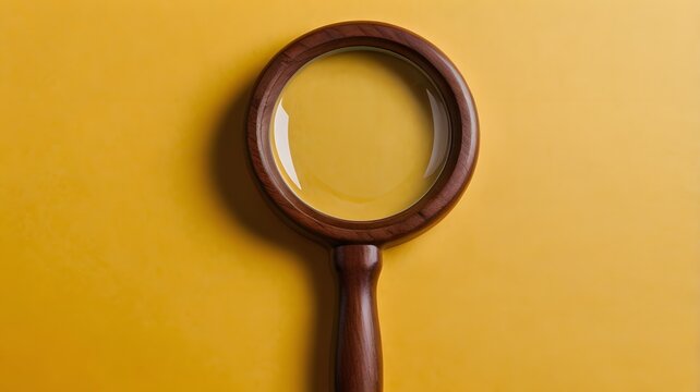Brown wooden pocket magnifying glass isolated on yellow background. exploration discovery search theme