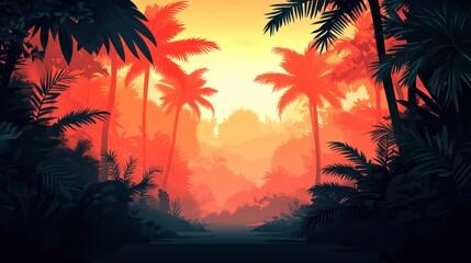 Tropical landscape with vibrant palms and a colorful sunset.