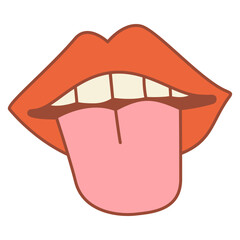 Cartoon groovy hippie lips with tongue.Hippie lips.Hippie Valentines day.Vector illustration.Isolated on white background.Y2k groovy mouth.Disco or pop art.