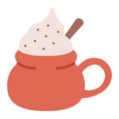 Christmas hot drinks.Cute holiday cup.Coffee mug with cinnamon stick and whipped cream.Hot cocoa mug with cream.Vector illustration.Isolated on white background.Hot chocolate.