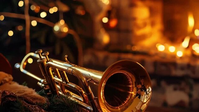A shiny brass instrument is sitting on a table next to a fireplace. The scene is cozy and warm, with the fire crackling in the background. The instrument is likely a trumpet