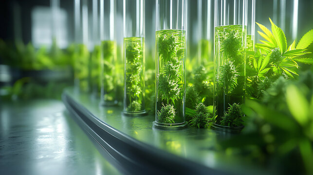 vibrant scene showcasing cannabis extraction equipment with test tubes filled with lush green cannabis plants. atmosphere is lively and innovative, reflecting advancements in cannabis processing