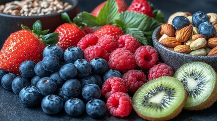 Obraz premium Delight your taste buds with a colorful array of fresh fruits berries kiwi and nuts for a healthy snack