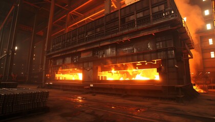 A fiery industrial scene depicting a blast furnace in operation, surrounded by a dark, metallic environment illuminated by glowing molten metal.