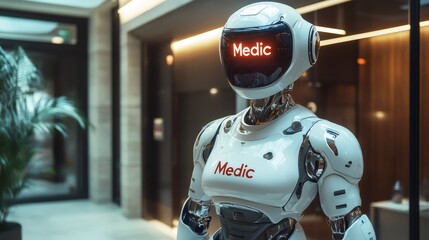 Fototapeta premium medical robotics integration, in a physiotherapy clinic, a helpful android named medic assists patients showcasing the benefits of robotic aid in healthcare