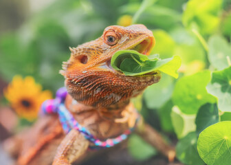 Orange Bearded Dragon Eating Leaves