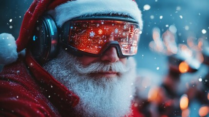 future Santa Claus in a red tech suit with led lights, a digital snowflake visor, and robotic reindeer, delivering gifts